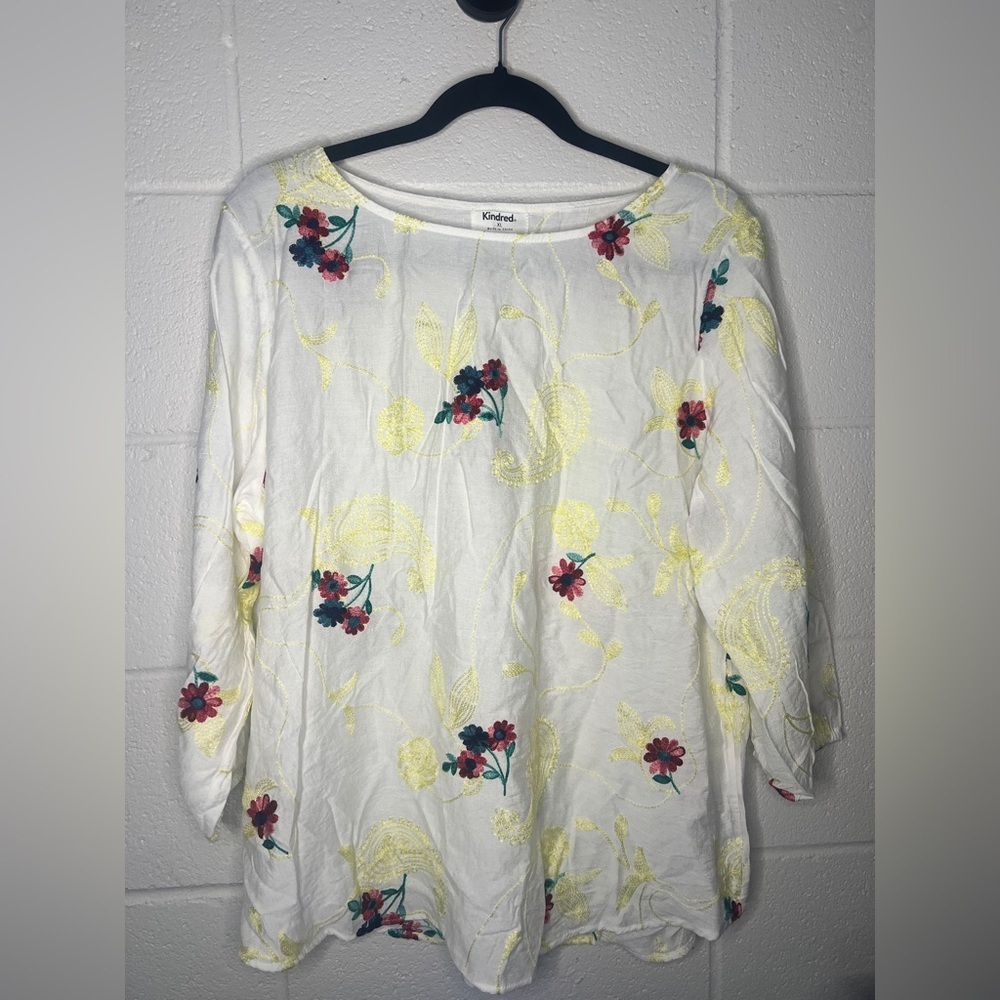 Anthropologie Kindred Woven PEASANT Blouse Boho TOP Tunic XL Embroidered